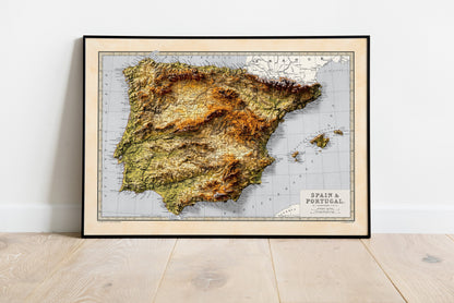 Spain and Portugal Map - Geology Elevation Map - 2D Giclée Vintage Poster - 3D effect shaded relief Print - Balearic Islands - Ibiza