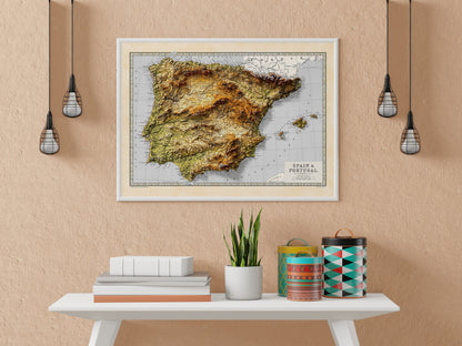 Spain and Portugal Map - Geology Elevation Map - 2D Giclée Vintage Poster - 3D effect shaded relief Print - Balearic Islands - Ibiza