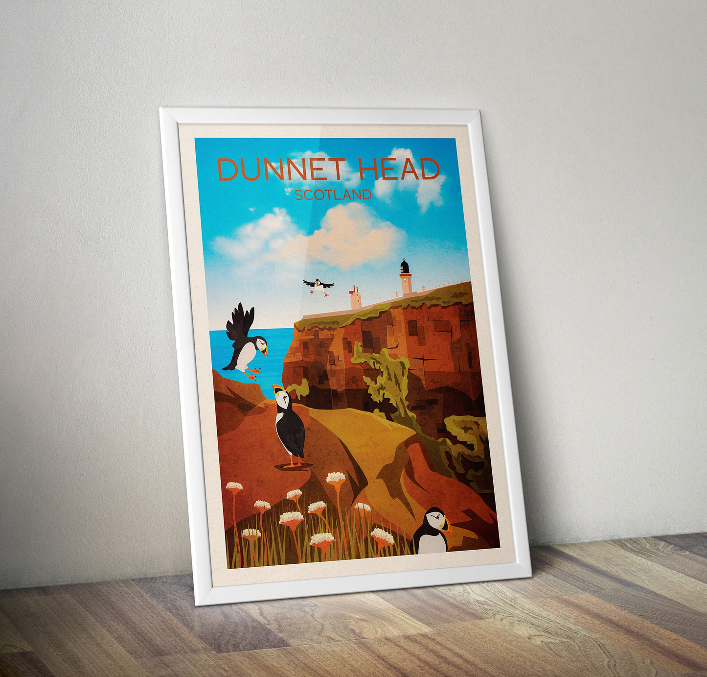 Dunnet Head Travel Poster - Puffin Print - Puffins and Lighthouse - Thurso - Scotland Art Print - A3, A2, A1