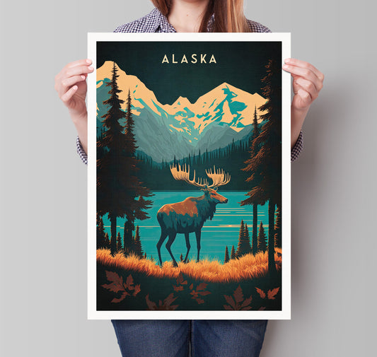Alaska Print | Travel Poster | Moose | Alaska Gift | Birthday Present | Home Decor Artwork