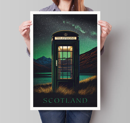 Scotland Red Telephone Box Print | Scottish Highlands | Northern Lights | Aurora Borealis | Gift | Birthday Present | Home Decor Artwork