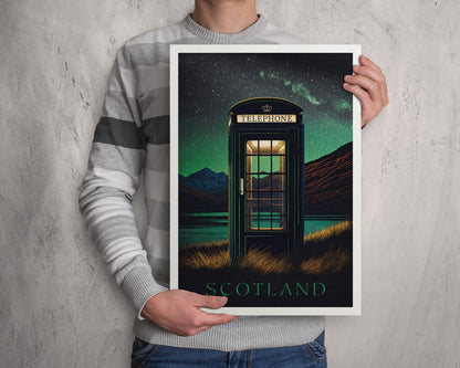 Scotland Red Telephone Box Print | Scottish Highlands | Northern Lights | Aurora Borealis | Gift | Birthday Present | Home Decor Artwork