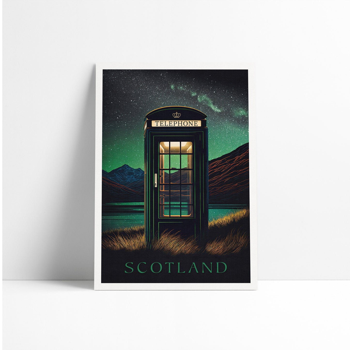 Scotland Red Telephone Box Print | Scottish Highlands | Northern Lights | Aurora Borealis | Gift | Birthday Present | Home Decor Artwork