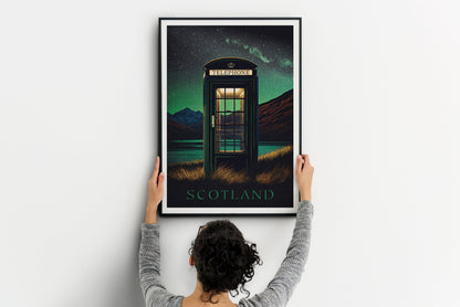 Scotland Red Telephone Box Print | Scottish Highlands | Northern Lights | Aurora Borealis | Gift | Birthday Present | Home Decor Artwork