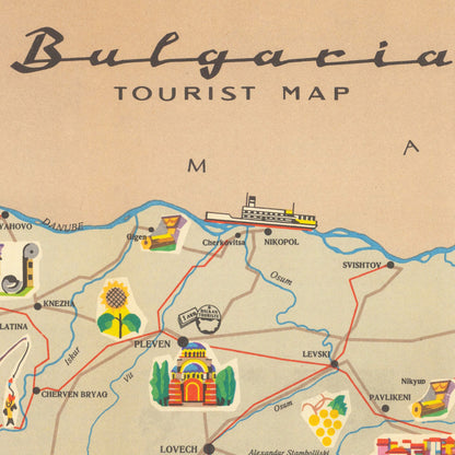 Bulgaria Tourist Map - Old Print of Bulgaria - Berkovista - Rousse - Silistra - Tolbouhin - Varna - Pomorie - Sozopol - Bourgas - Sofia