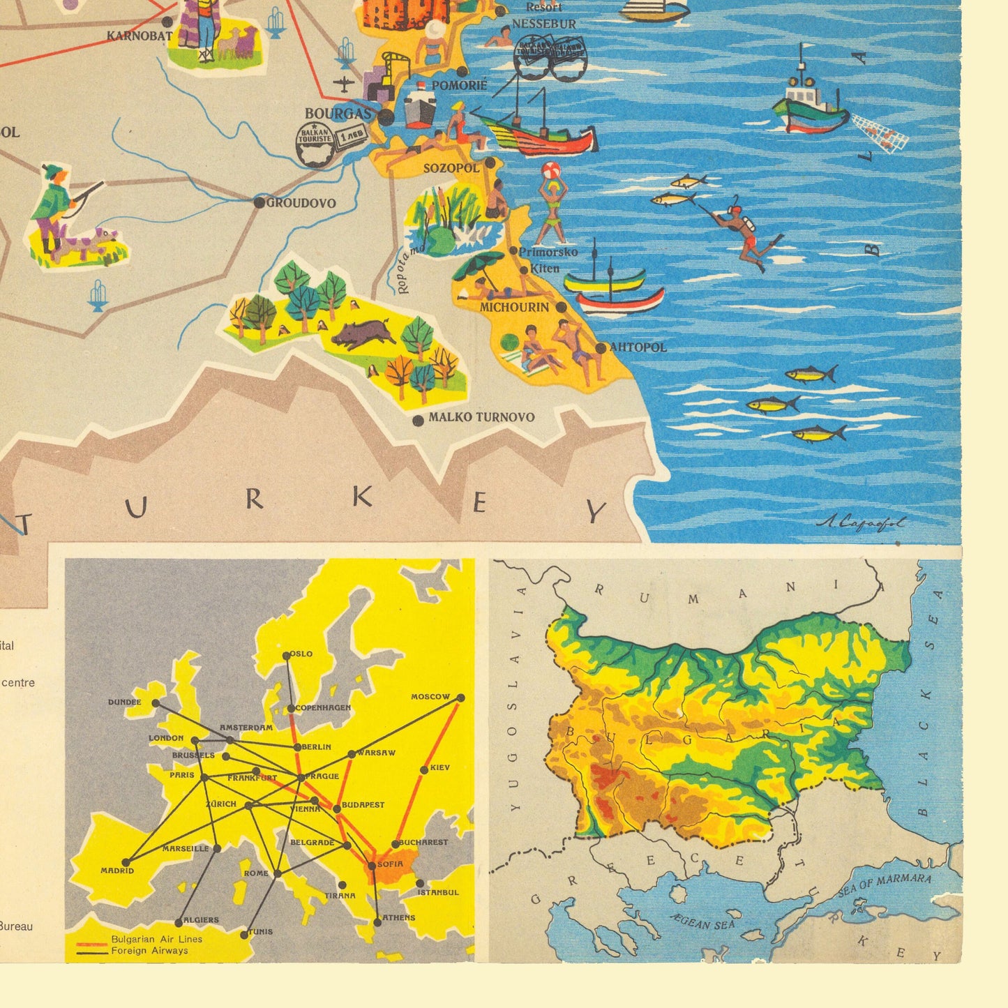 Bulgaria Tourist Map - Old Print of Bulgaria - Berkovista - Rousse - Silistra - Tolbouhin - Varna - Pomorie - Sozopol - Bourgas - Sofia