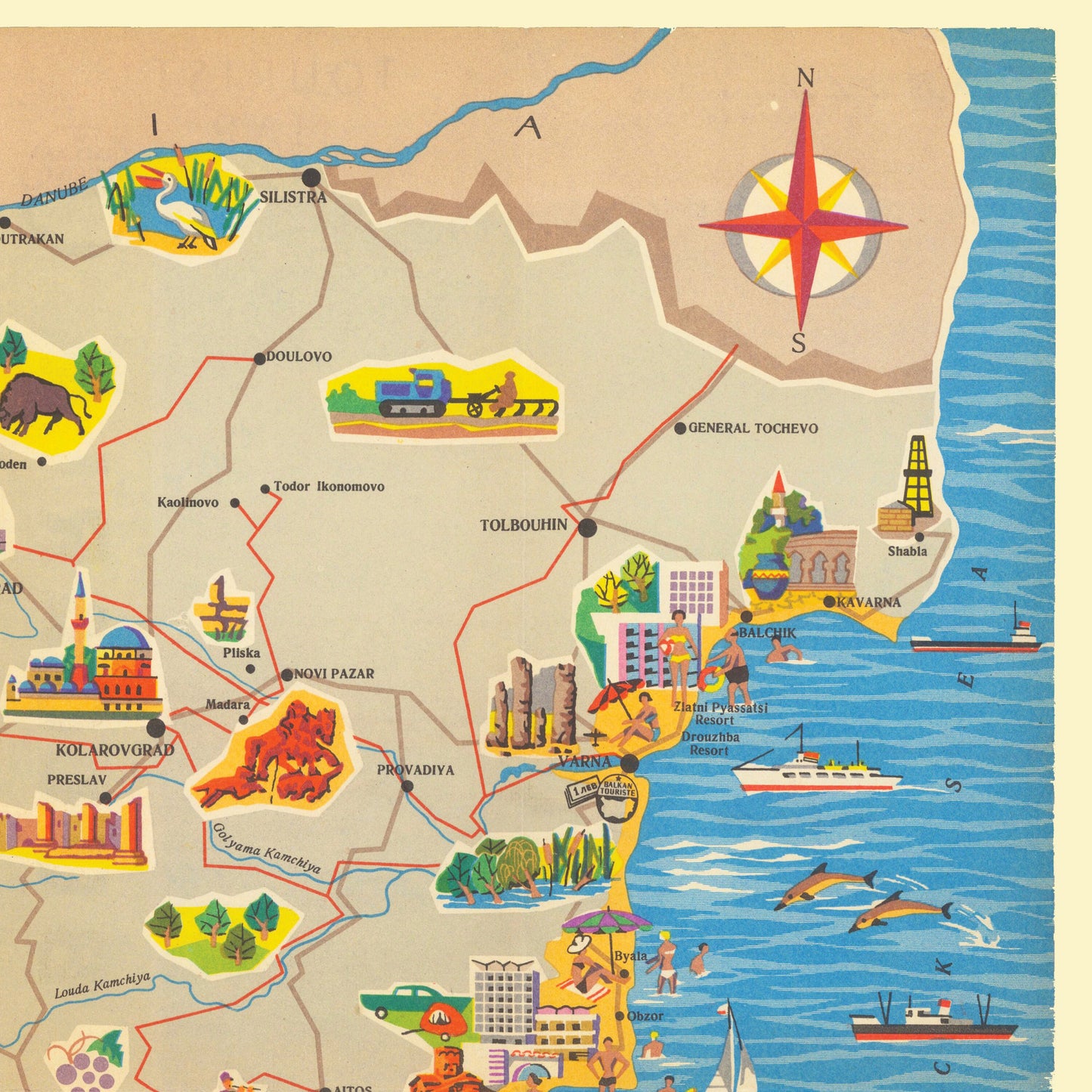 Bulgaria Tourist Map - Old Print of Bulgaria - Berkovista - Rousse - Silistra - Tolbouhin - Varna - Pomorie - Sozopol - Bourgas - Sofia