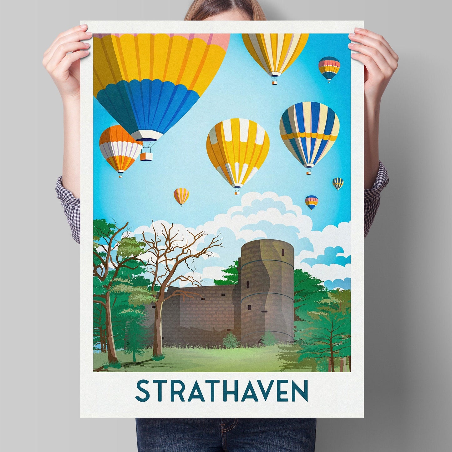 Strathaven Balloon Festival Print - Scottish Wall Art - Vintage looking retro travel poster, Hot Air Balloon Fiesta , South Lanarkshire