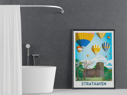 Strathaven Balloon Festival Print - Scottish Wall Art - Vintage looking retro travel poster, Hot Air Balloon Fiesta , South Lanarkshire