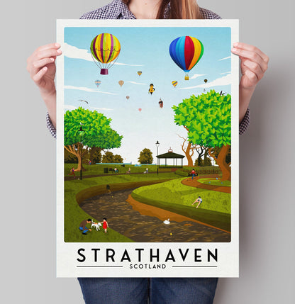 Strathaven Print - Balloon Festival Poster - Strathaven Park - Vintage looking retro travel poster, Hot Air Balloon Fiesta