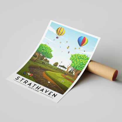 Strathaven Print - Balloon Festival Poster - Strathaven Park - Vintage looking retro travel poster, Hot Air Balloon Fiesta