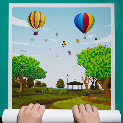 Strathaven Print - Balloon Festival Poster - Strathaven Park - Vintage looking retro travel poster, Hot Air Balloon Fiesta