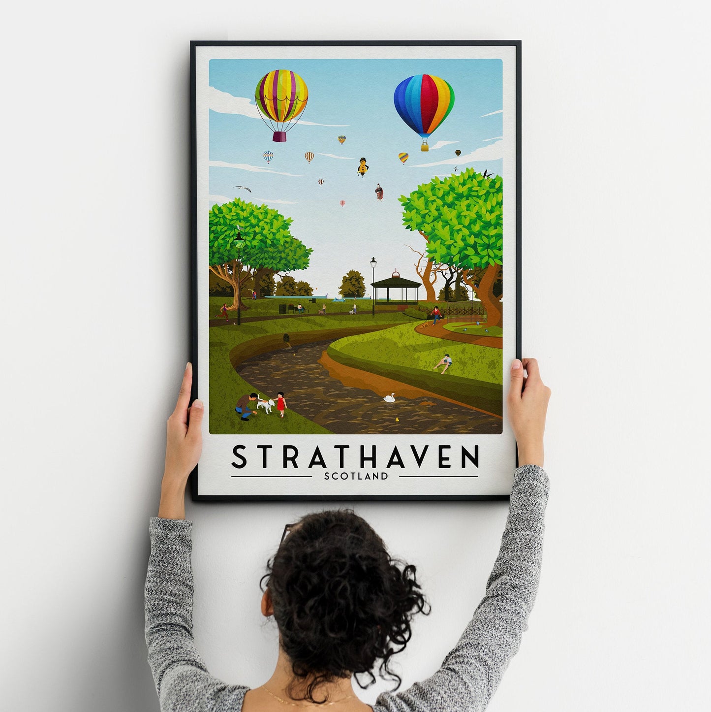 Strathaven Print - Balloon Festival Poster - Strathaven Park - Vintage looking retro travel poster, Hot Air Balloon Fiesta