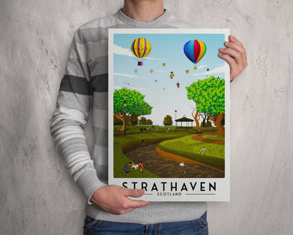 Strathaven Print - Balloon Festival Poster - Strathaven Park - Vintage looking retro travel poster, Hot Air Balloon Fiesta