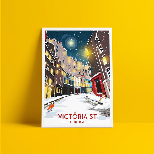 Victoria Street - Winter Scene - Edinburgh Travel Poster - Scottish Wall Art - Grassmarket