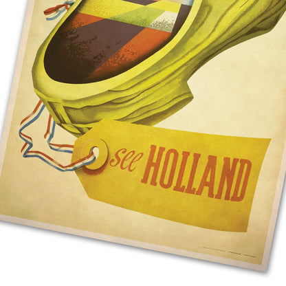 Holland Travel Poster, 'see Holland' Vintage looking illustration featuring the Clog, Holland Print, Dutch Art, dutch Gifts