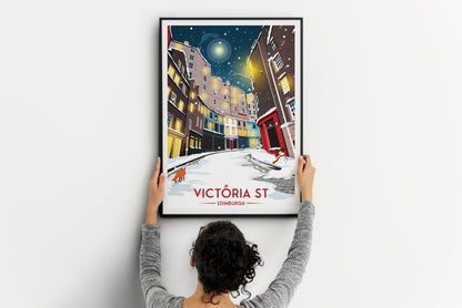 Victoria Street - Winter Scene - Edinburgh Travel Poster - Scottish Wall Art - Grassmarket