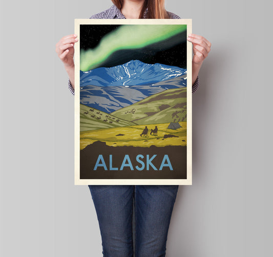 Alaska Travel Poster, retro Alaska print, American Travel Poster, Vintage looking,  Northern Lights, Camping Poster