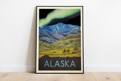 Alaska Travel Poster, retro Alaska print, American Travel Poster, Vintage looking,  Northern Lights, Camping Poster