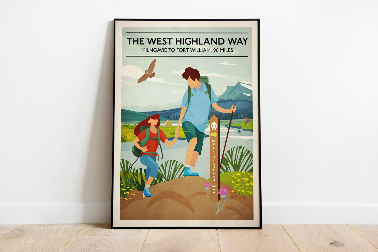 West Highland Way Poster,  Scottish Hillwalking Print featuring Highland Cow and Stag