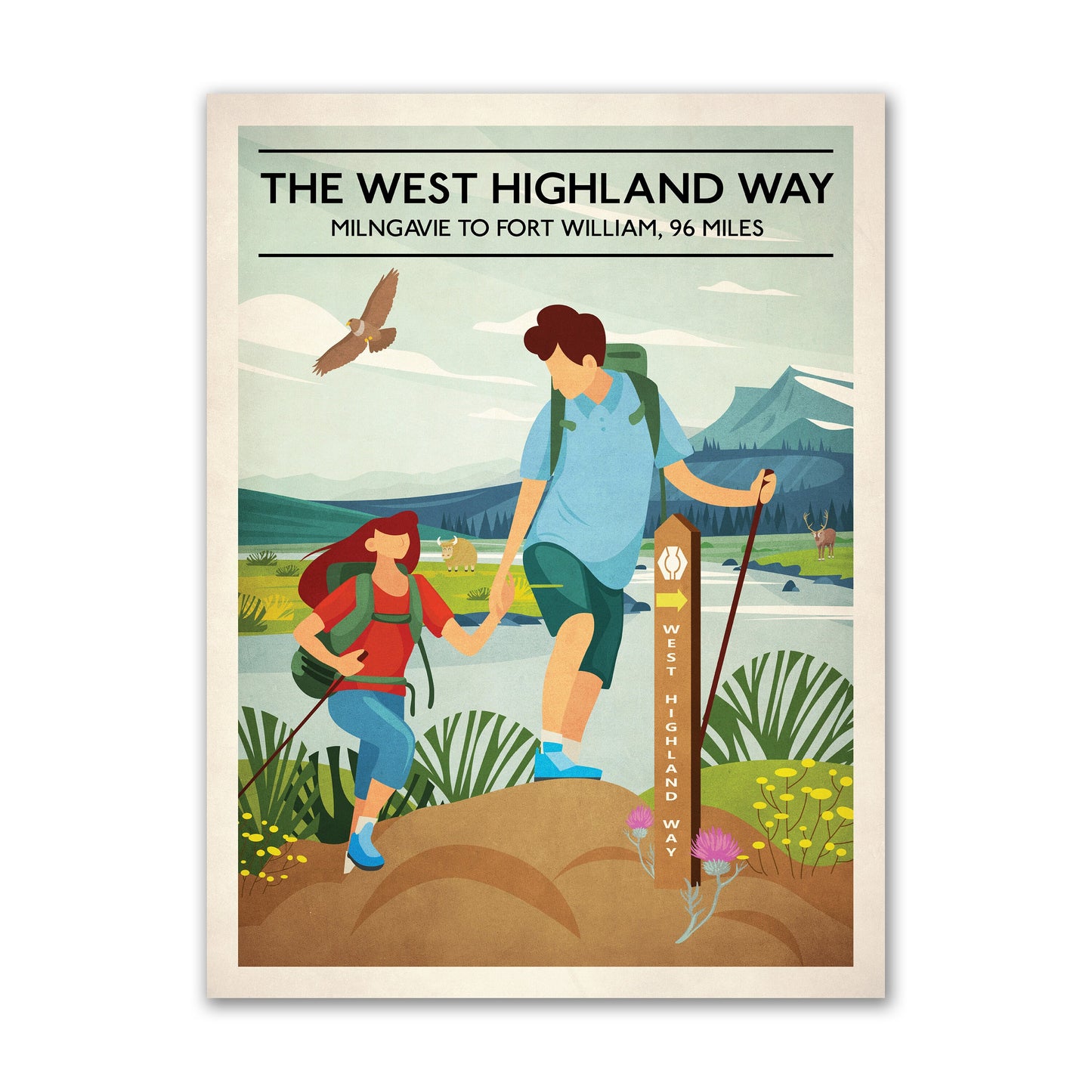 West Highland Way Poster,  Scottish Hillwalking Print featuring Highland Cow and Stag