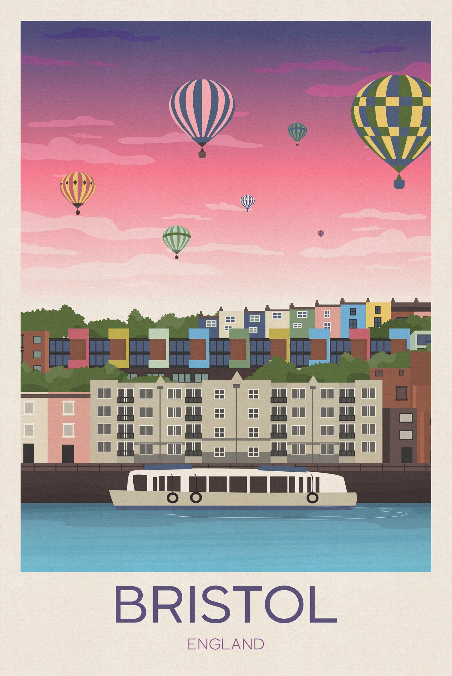 Bristol Balloon Fiesta Poster, Balloon Festival , Hotwells, Vintage retro Bristol travel poster, Hot Air Balloon Print Fiesta