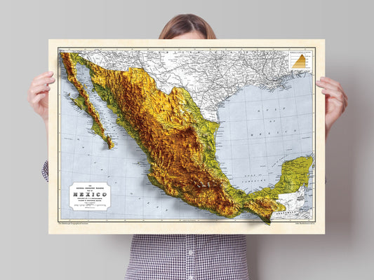 Mexico Topographic Map - 2D Giclée Print - 3D effect shaded relief Poster of Mexico - Vintage Style 1871 Elevation Map