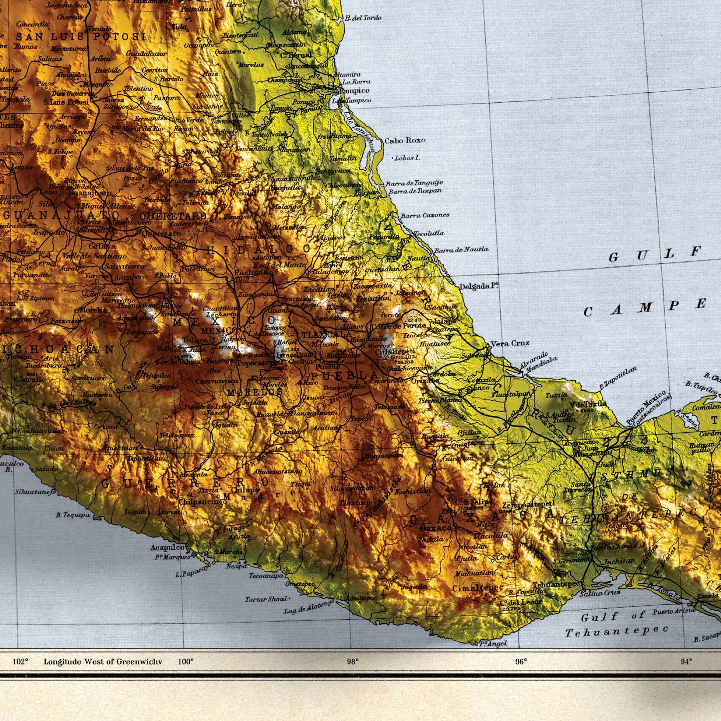 Mexico Topographic Map - 2D Giclée Print - 3D effect shaded relief Poster of Mexico - Vintage Style 1871 Elevation Map