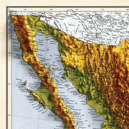 Mexico Topographic Map - 2D Giclée Print - 3D effect shaded relief Poster of Mexico - Vintage Style 1871 Elevation Map