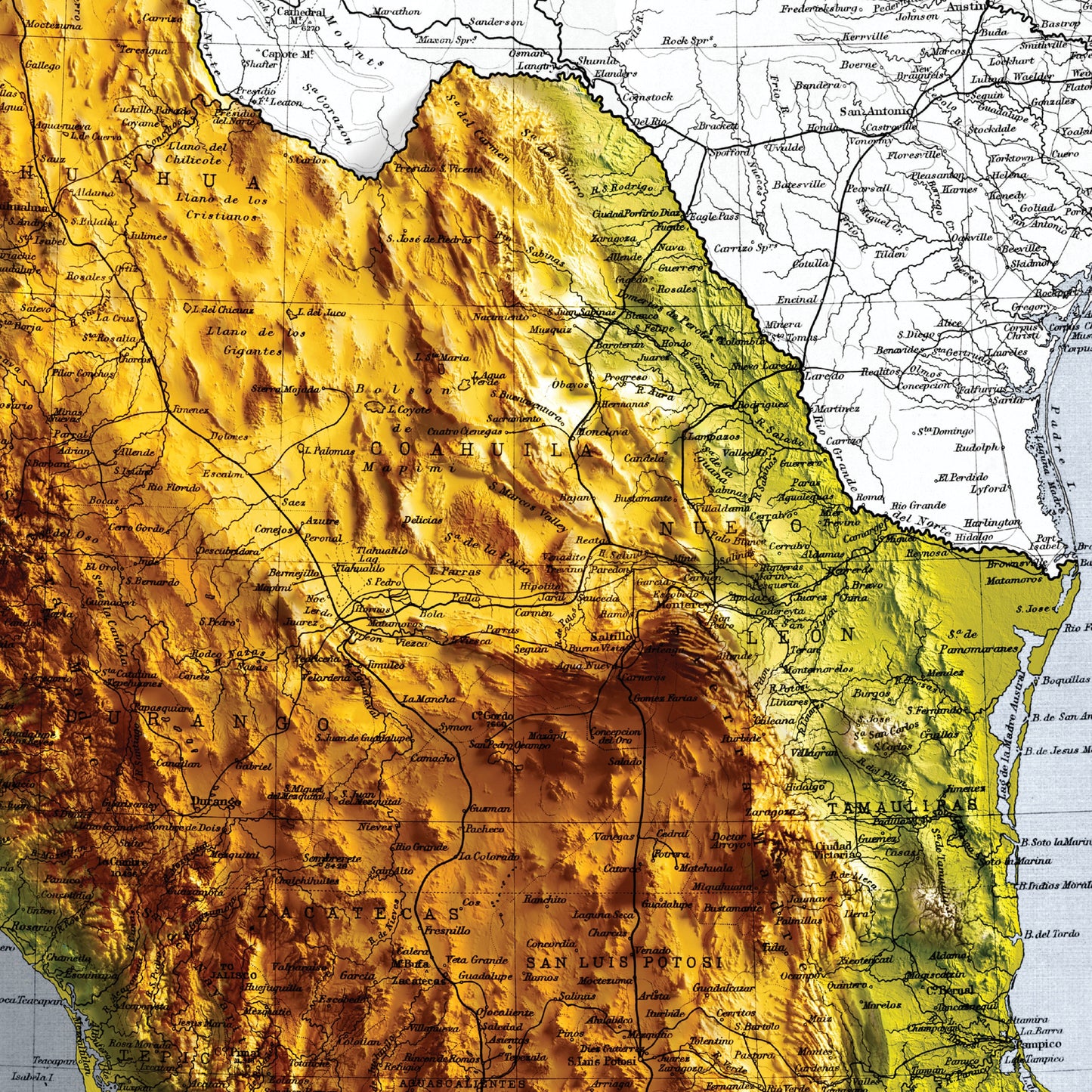 Mexico Topographic Map - 2D Giclée Print - 3D effect shaded relief Poster of Mexico - Vintage Style 1871 Elevation Map