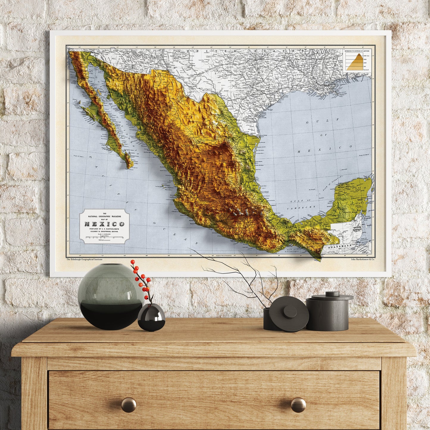 Mexico Topographic Map - 2D Giclée Print - 3D effect shaded relief Poster of Mexico - Vintage Style 1871 Elevation Map