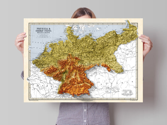Map of Prussia and German states, Holland and Belgium - Topographic Bartholomew Map Print - 2D Giclée Print - Retro