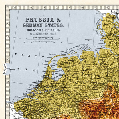 Map of Prussia and German states, Holland and Belgium - Topographic Bartholomew Map Print - 2D Giclée Print - Retro