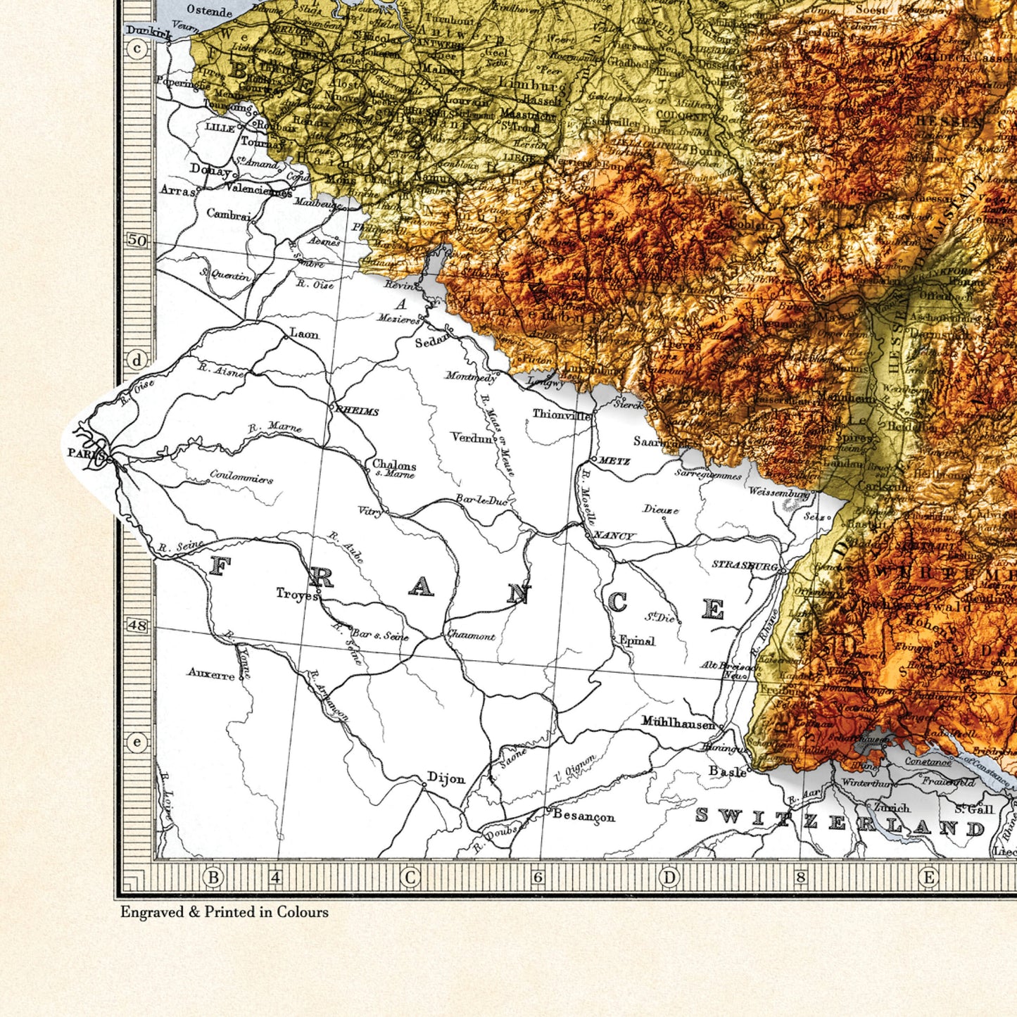 Map of Prussia and German states, Holland and Belgium - Topographic Bartholomew Map Print - 2D Giclée Print - Retro