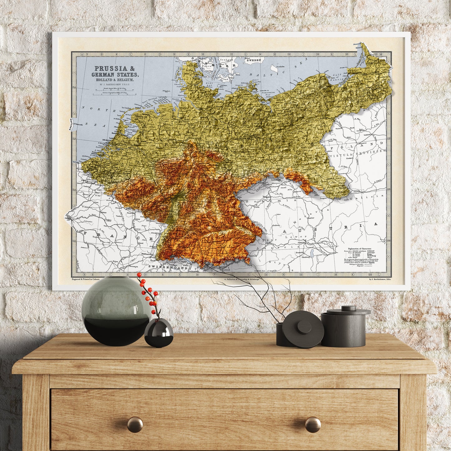 Map of Prussia and German states, Holland and Belgium - Topographic Bartholomew Map Print - 2D Giclée Print - Retro