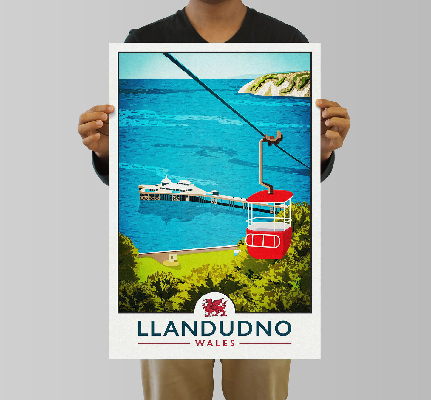 Llandudno Print, North Wales Travel Poster, Great Orme Cable Car, Seaside, Victorian Coastal town, Llandudno Pier, Welsh Gift