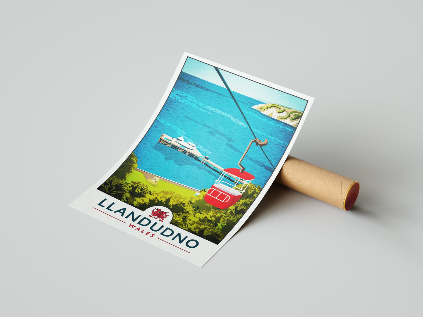 Llandudno Print, North Wales Travel Poster, Great Orme Cable Car, Seaside, Victorian Coastal town, Llandudno Pier, Welsh Gift