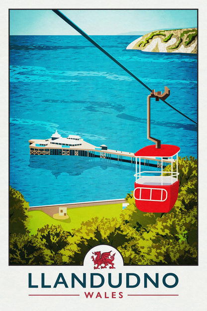 Llandudno Print, North Wales Travel Poster, Great Orme Cable Car, Seaside, Victorian Coastal town, Llandudno Pier, Welsh Gift