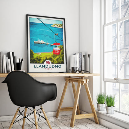 Llandudno Print, North Wales Travel Poster, Great Orme Cable Car, Seaside, Victorian Coastal town, Llandudno Pier, Welsh Gift