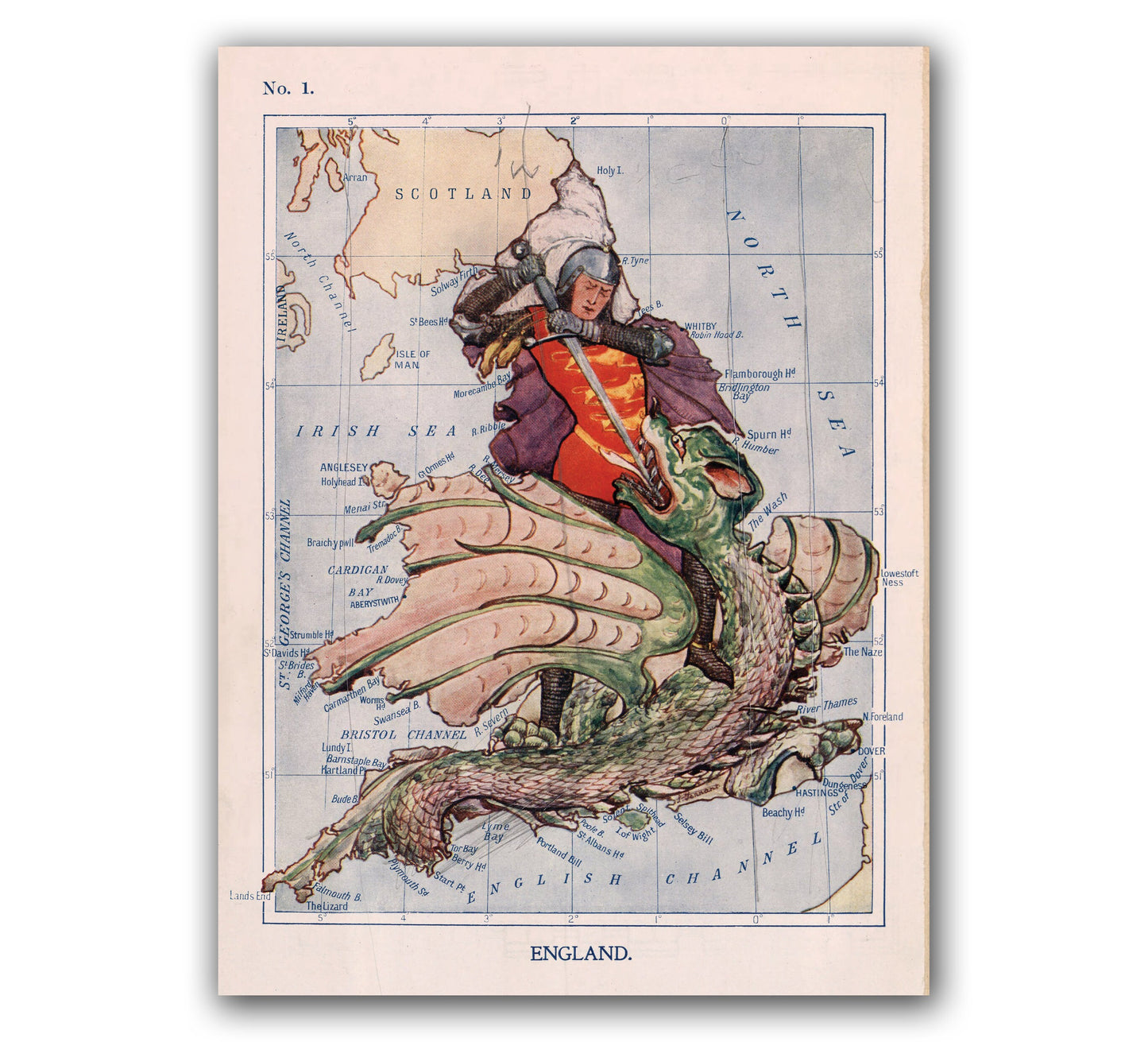 Caricature Map of England , Illustrated Map,  St George Wins the Victory over the Dragon by Lilian Lancaster (1868), Humorous Map of England