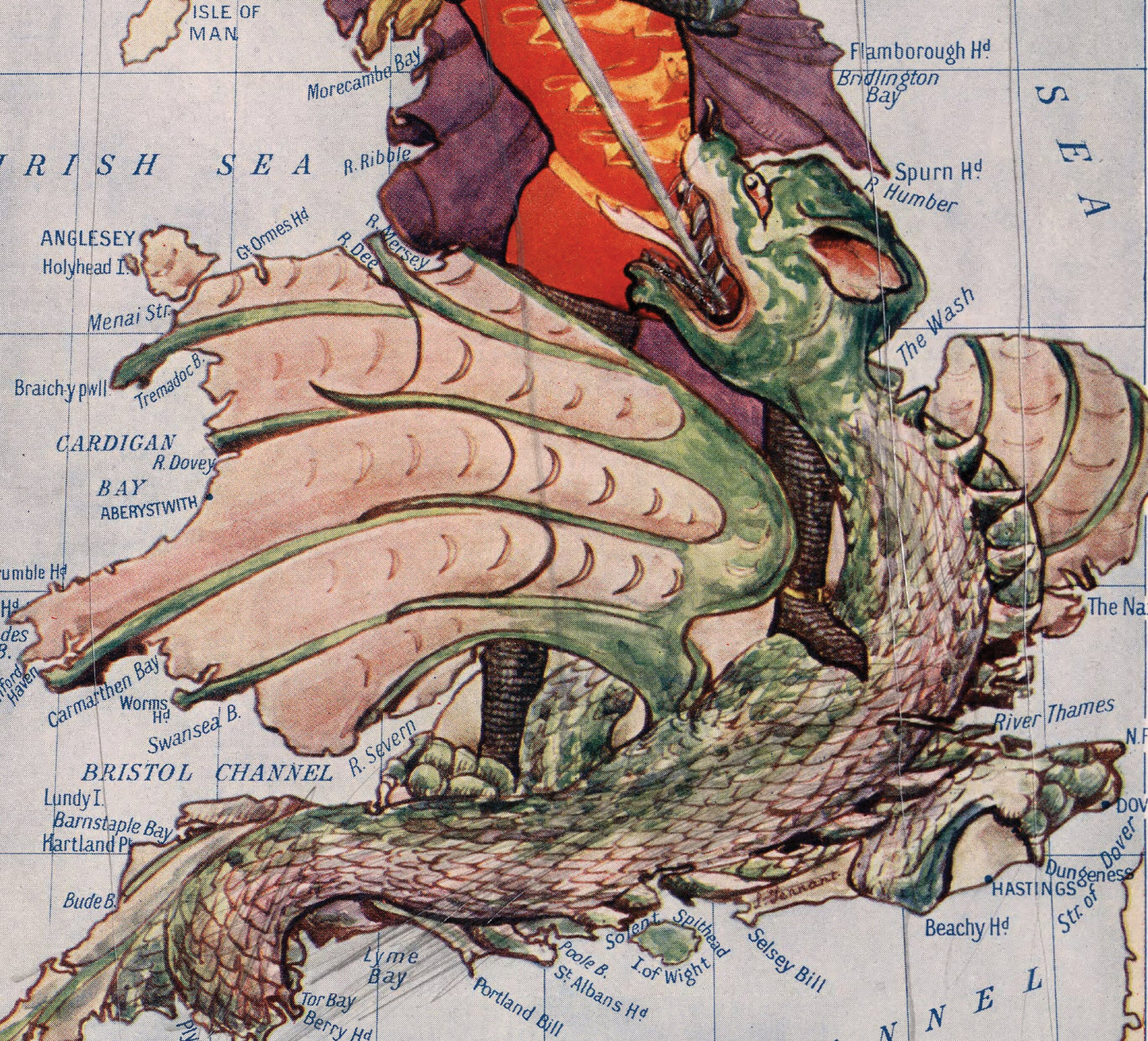 Caricature Map of England , Illustrated Map,  St George Wins the Victory over the Dragon by Lilian Lancaster (1868), Humorous Map of England