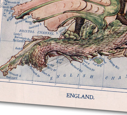 Caricature Map of England , Illustrated Map,  St George Wins the Victory over the Dragon by Lilian Lancaster (1868), Humorous Map of England