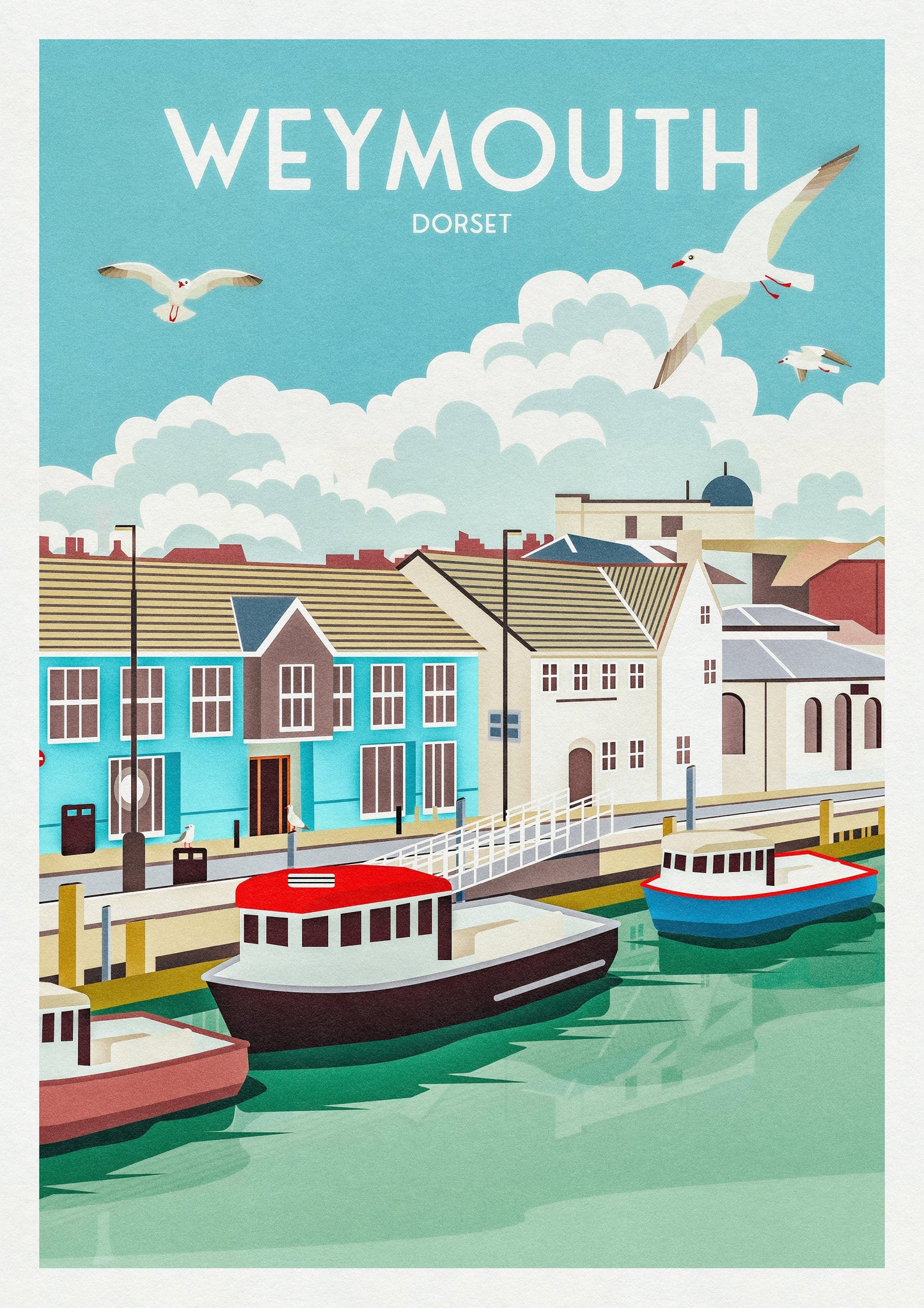 Weymouth Print - Travel Poster - Quayside, Dorset - Travel Poster - Railway Print - Harbour - Jurassic Coast - Lulworth Cove - Worbarrow Bay