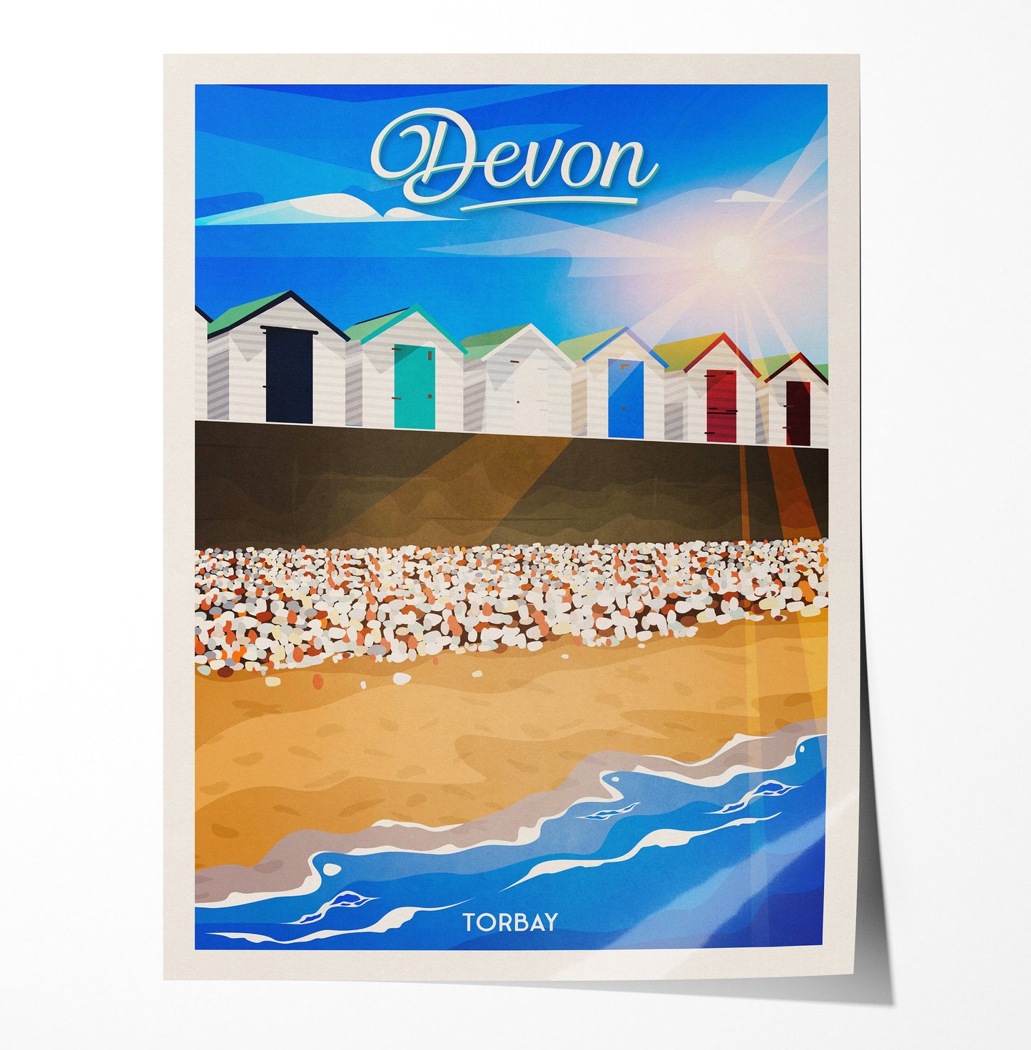 Devon Travel Poster | Torbay | Broadsands Beach | South Devon | England | Beach Huts | Wall Art | Home Decor Artwork | Wedding gift  | UK