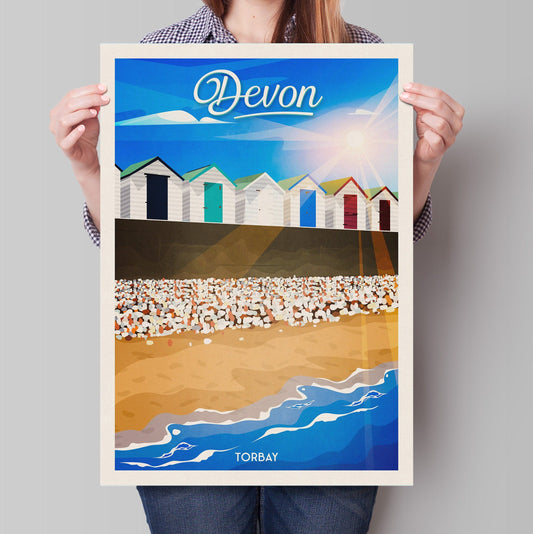 Devon Travel Poster | Torbay | Broadsands Beach | South Devon | England | Beach Huts | Wall Art | Home Decor Artwork | Wedding gift  | UK