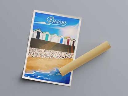 Devon Travel Poster | Torbay | Broadsands Beach | South Devon | England | Beach Huts | Wall Art | Home Decor Artwork | Wedding gift  | UK