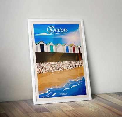 Devon Travel Poster | Torbay | Broadsands Beach | South Devon | England | Beach Huts | Wall Art | Home Decor Artwork | Wedding gift  | UK