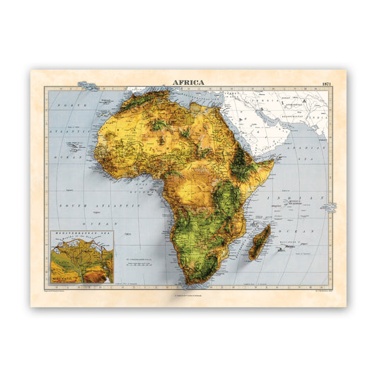 Africa Map - 2D Giclée Vintage African 3D effect shaded relief Print - Elevation Poster - Map Art - Vintage Style