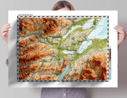 Inverness Topographic Map Print - Vintage - Retro - Geological Map - 3D effect relief Print