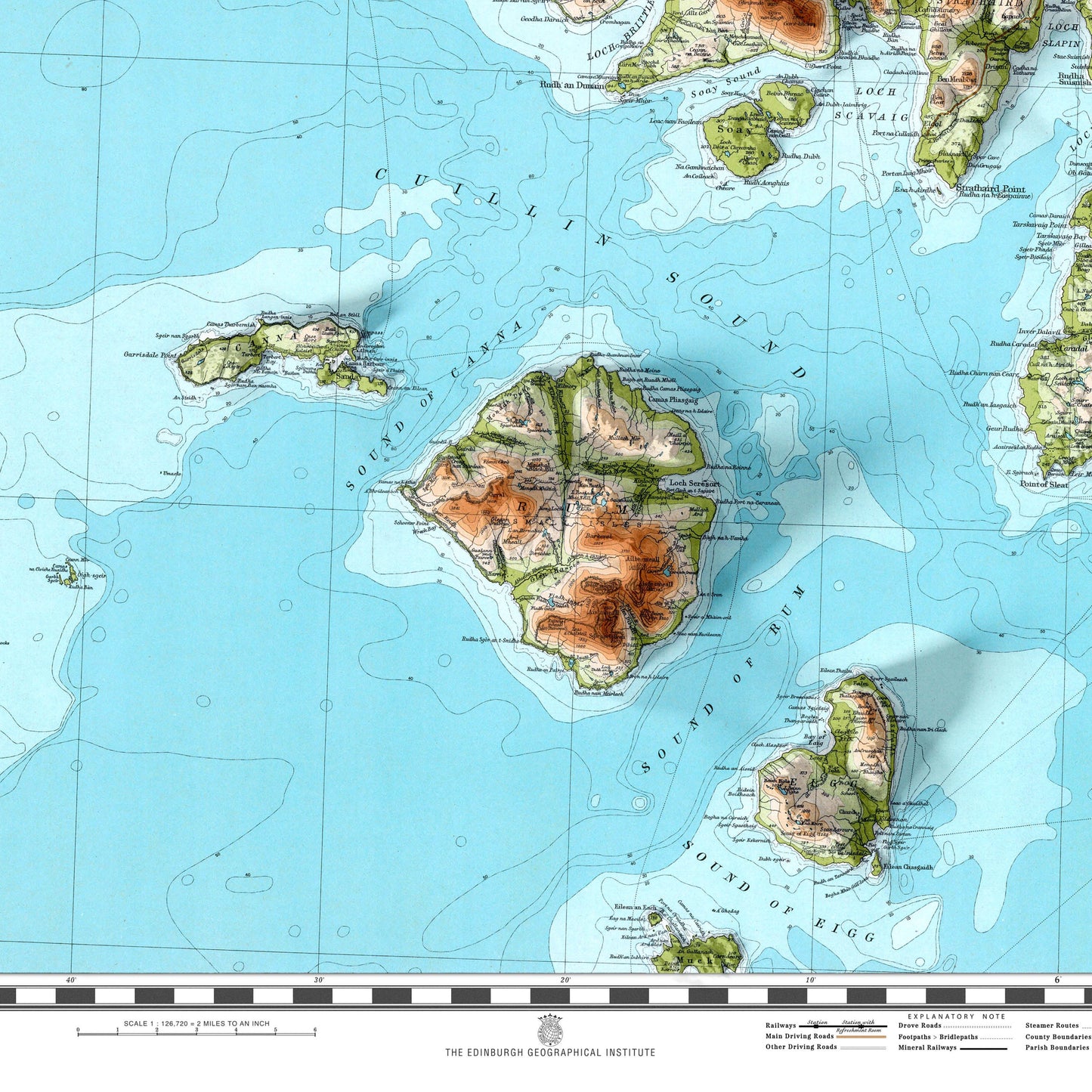Isle of Skye, Canna, Rum, Eigg and Muck Topographic Map Print - Vintage - Retro - Geological Map - 3D effect relief Print